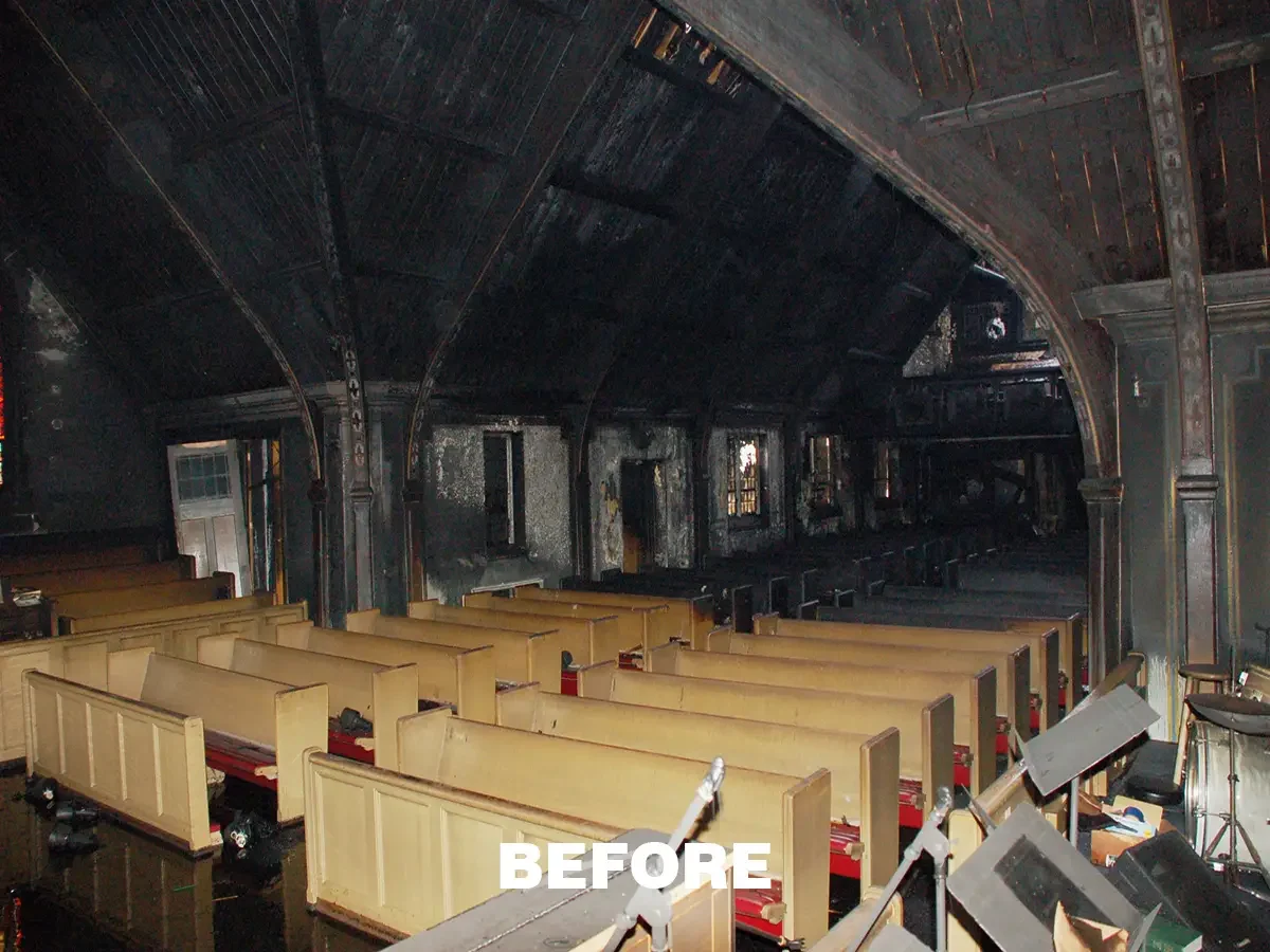Wood was badly charred and interior stone surfaces were heavily smoke stained