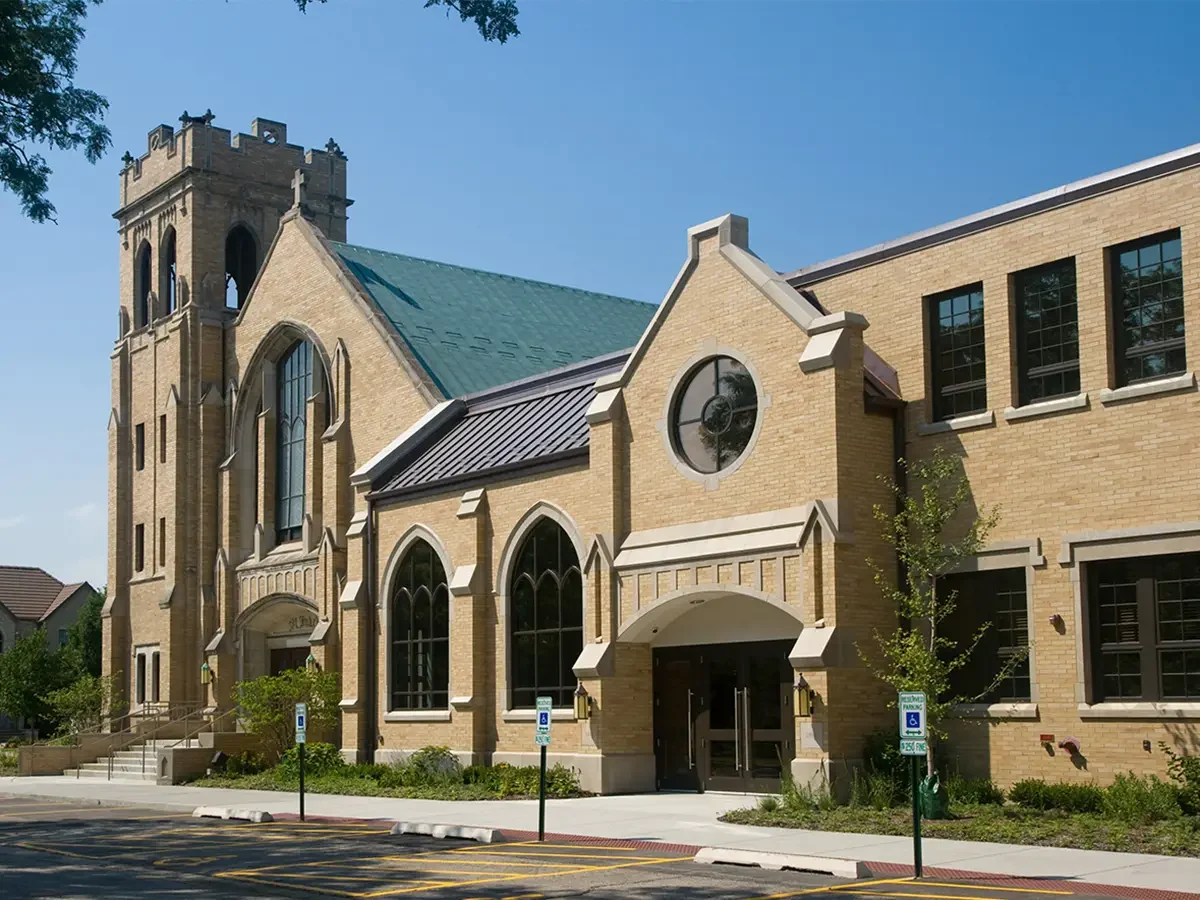 New church entrance at ground level